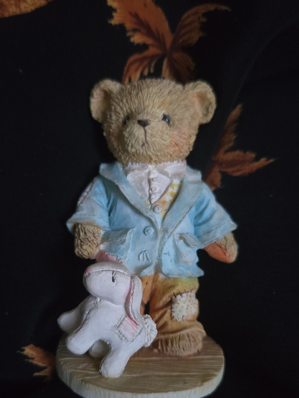 Cherished Teddies Blue and Tan Bear Figurine with White Bunny